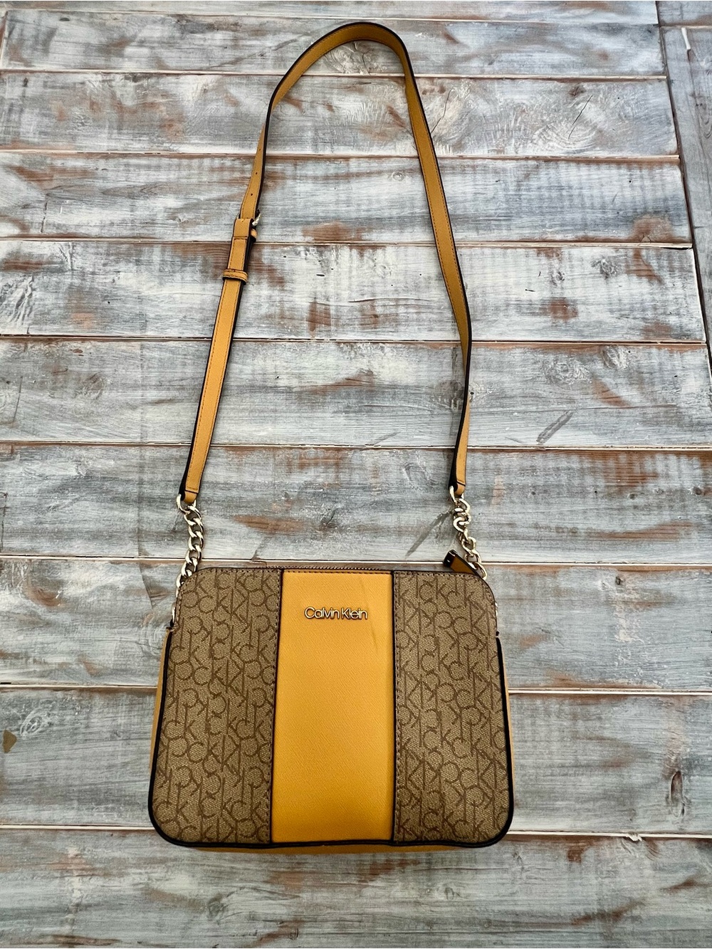 Calvin Klein Signature Monogram Crossbody Bag Tan Brown Mustard Yellow Gold